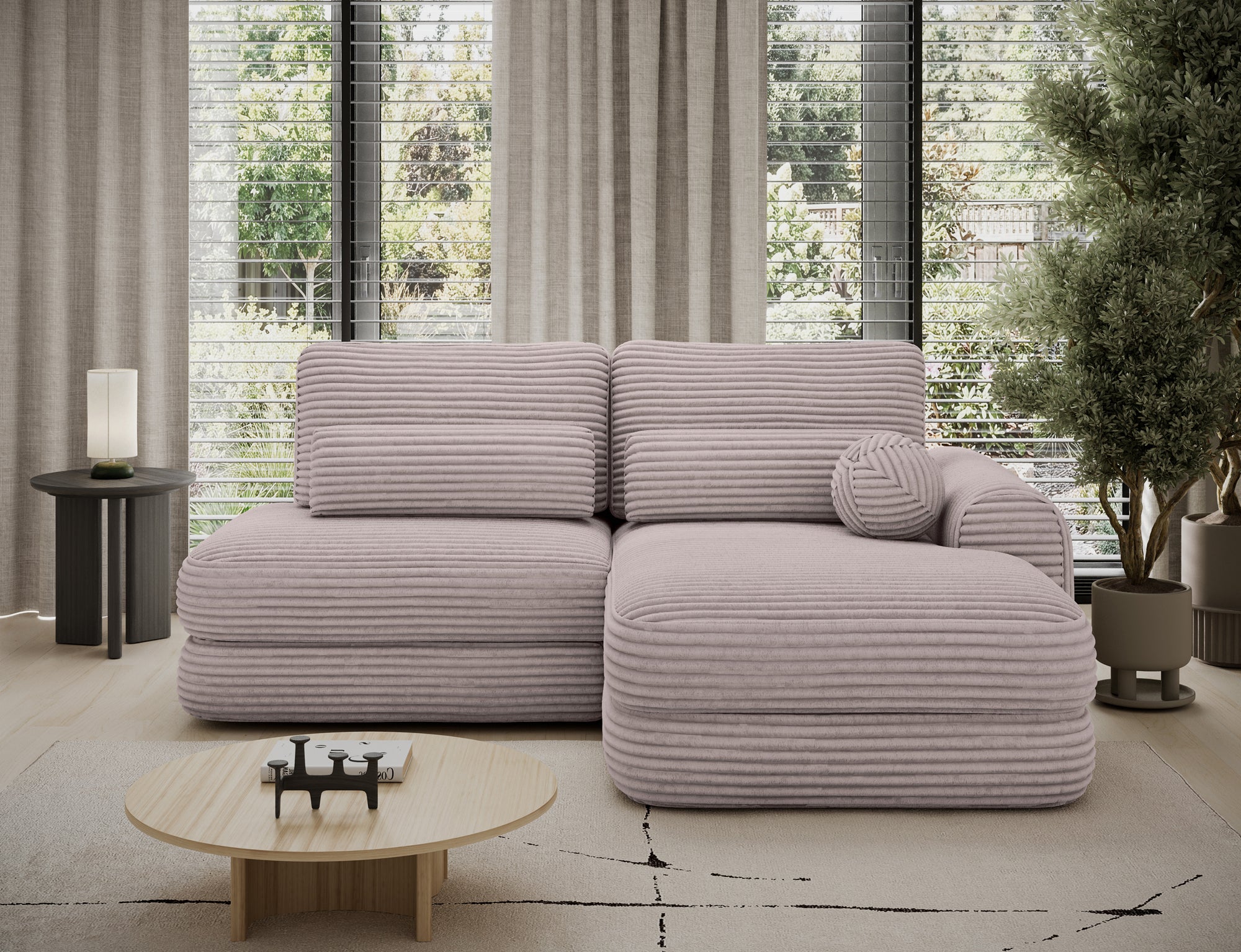 Canapé d'angle convertible design WAGRAM avec coffre de rangement - Velours côtelé épais gris clair - vue 4