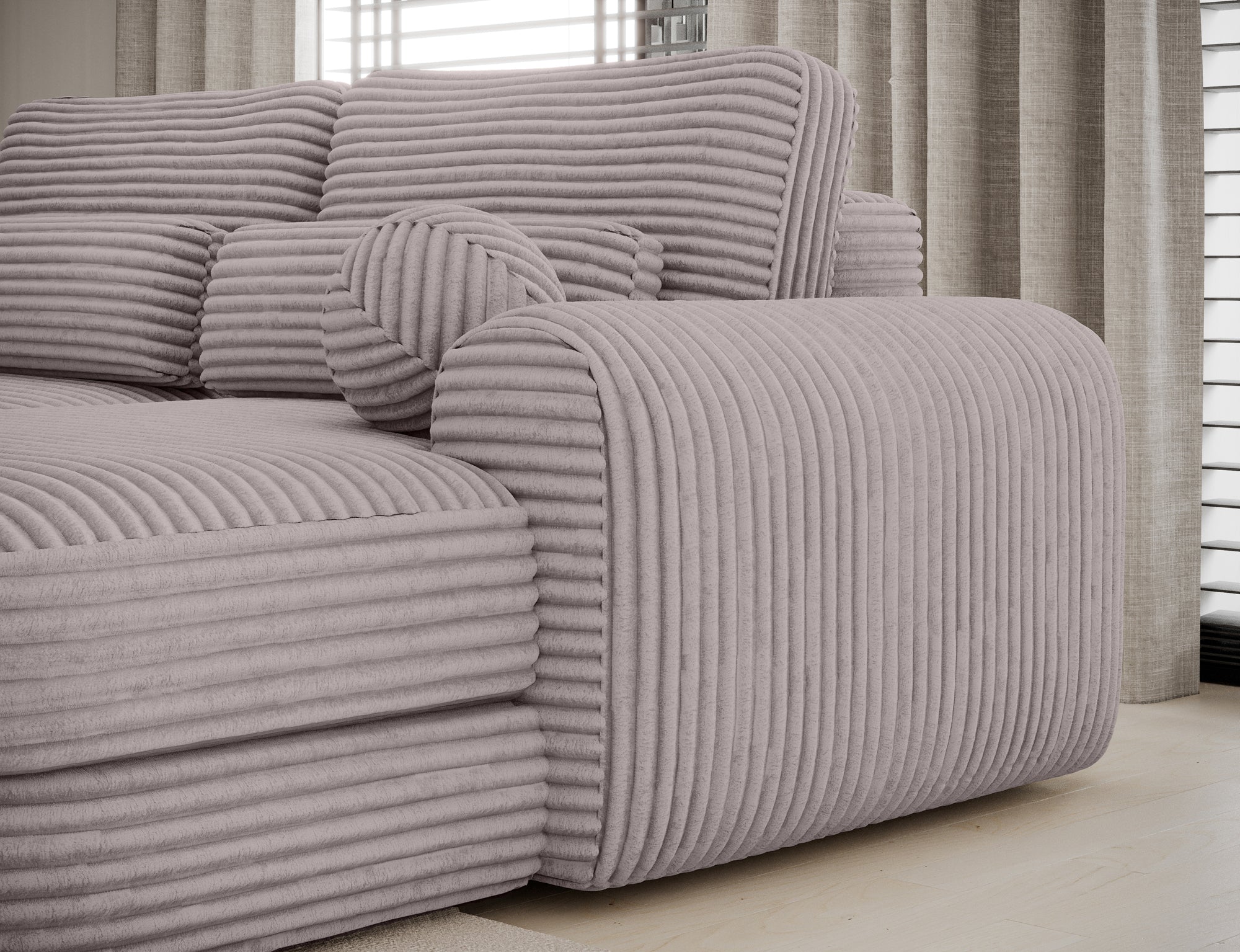 Canapé d'angle convertible design WAGRAM avec coffre de rangement - Velours côtelé épais gris clair - vue 7