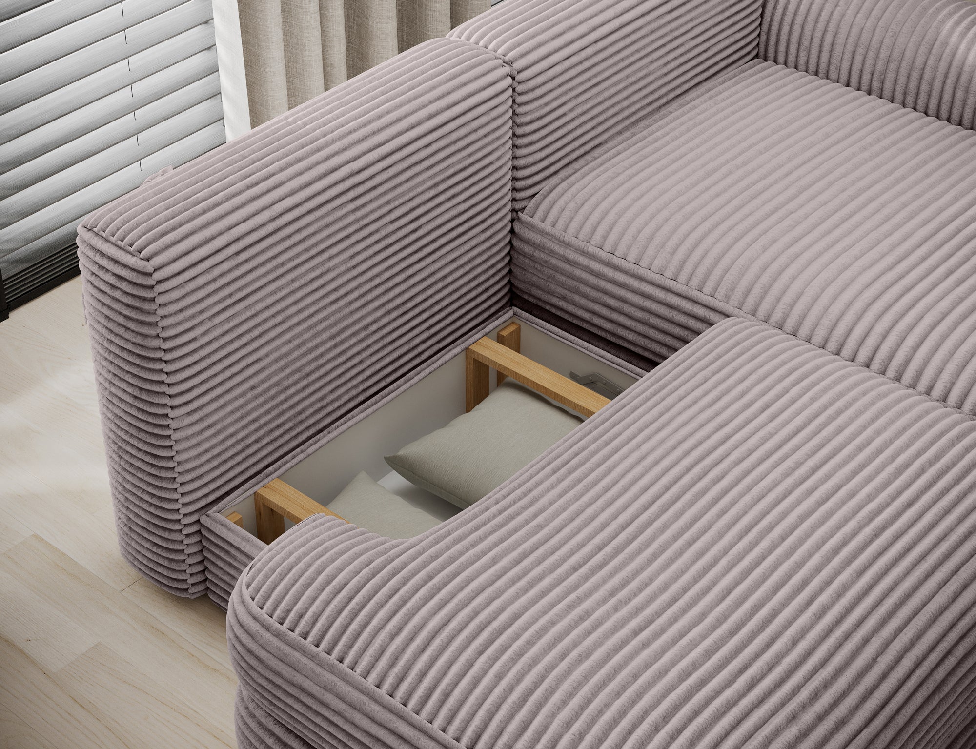 Canapé d'angle convertible design WAGRAM avec coffre de rangement - Velours côtelé épais gris clair - vue 9