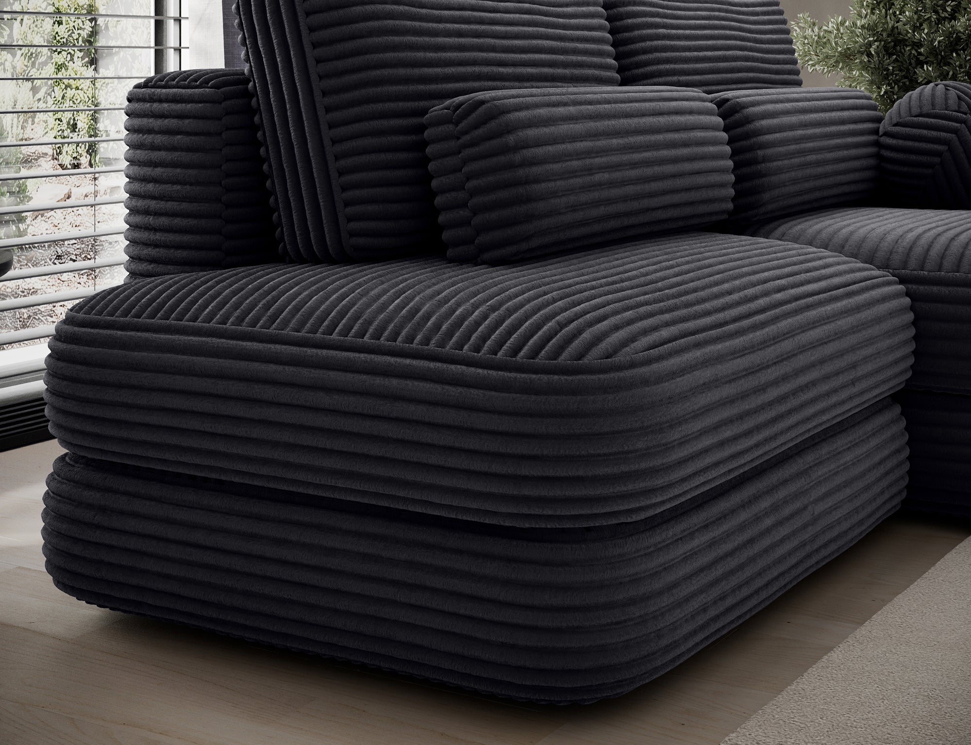 Canapé d'angle convertible design WAGRAM avec coffre de rangement - Velours côtelé épais noir - vue 13