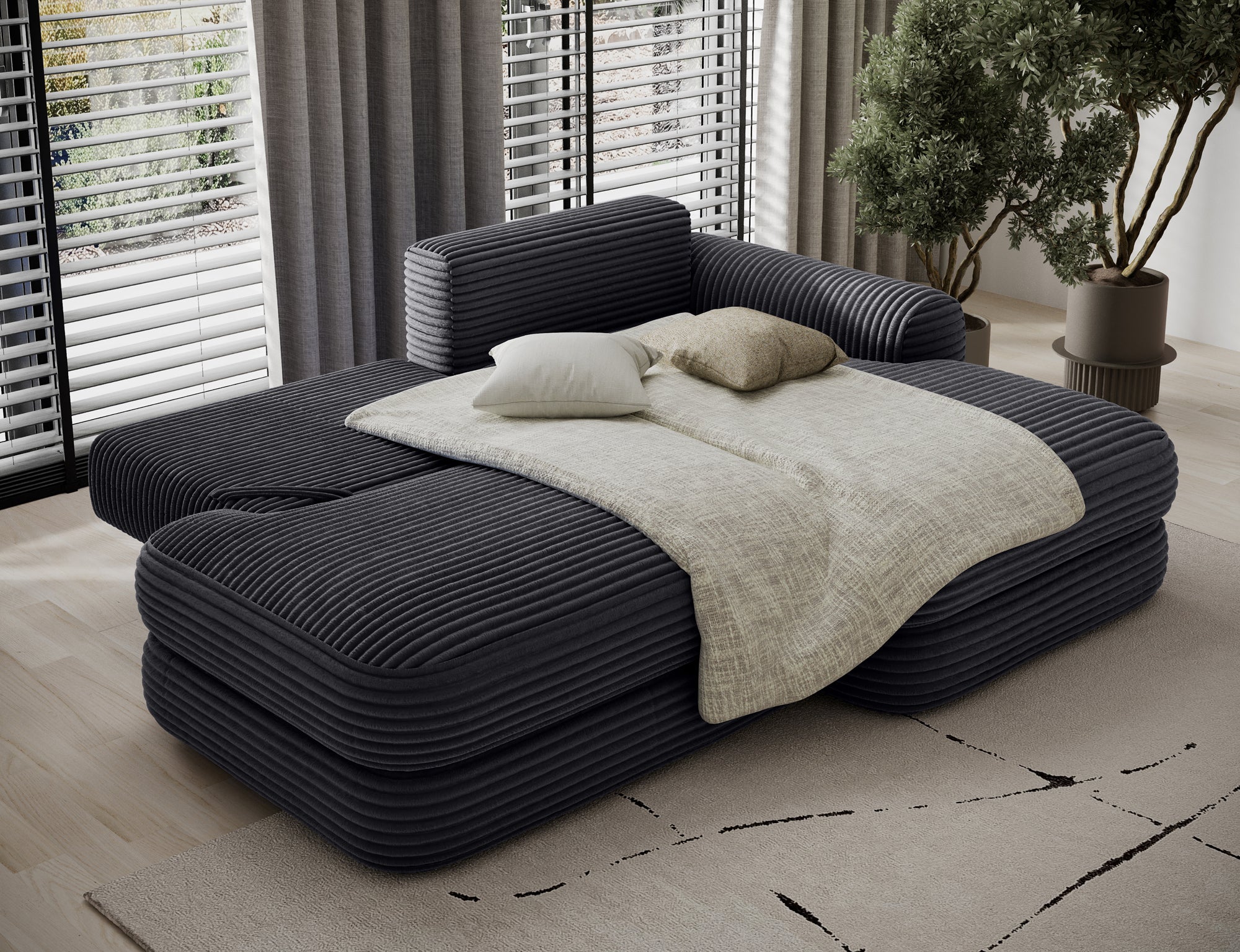 Canapé d'angle convertible design WAGRAM avec coffre de rangement - Velours côtelé épais noir - vue 2