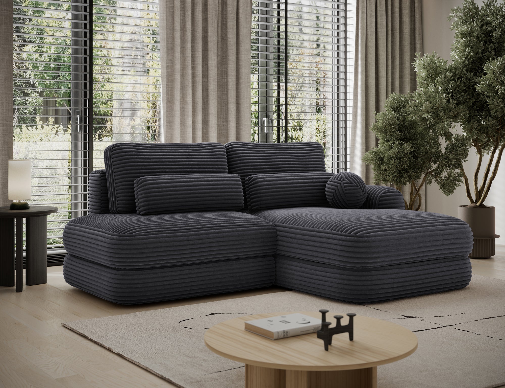 Canapé d'angle convertible design WAGRAM avec coffre de rangement - Velours côtelé épais noir - vue 3