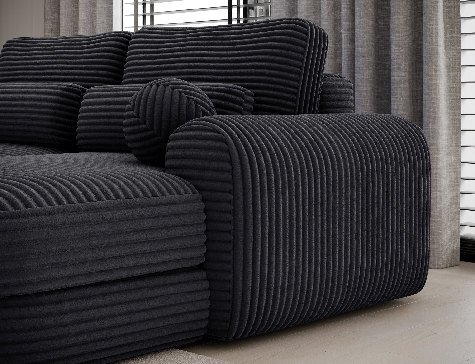 Canapé d'angle convertible design WAGRAM avec coffre de rangement - Velours côtelé épais noir - vue 7