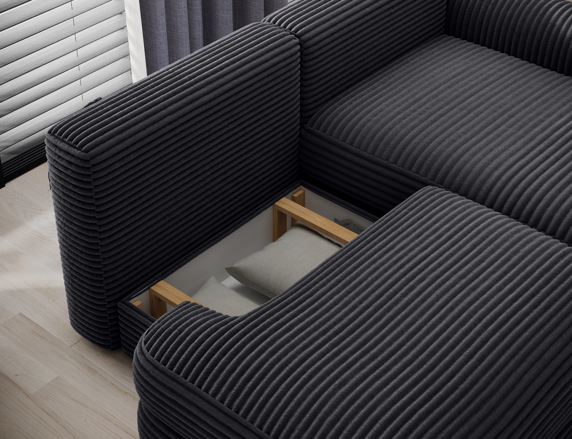 Canapé d'angle convertible design WAGRAM avec coffre de rangement - Velours côtelé épais noir - vue 9
