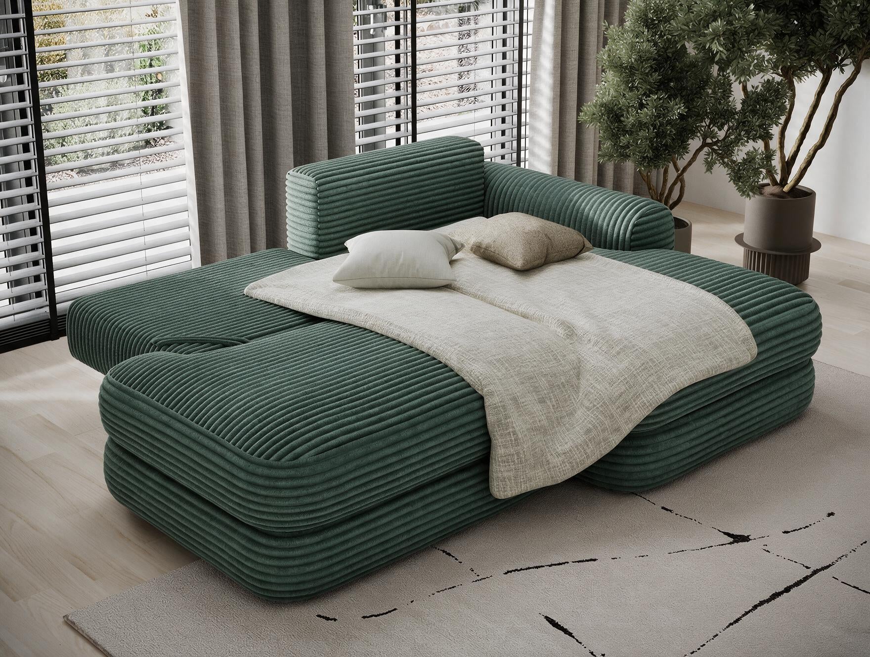 Canapé d'angle convertible design WAGRAM avec coffre de rangement - Velours côtelé épais vert - vue 2