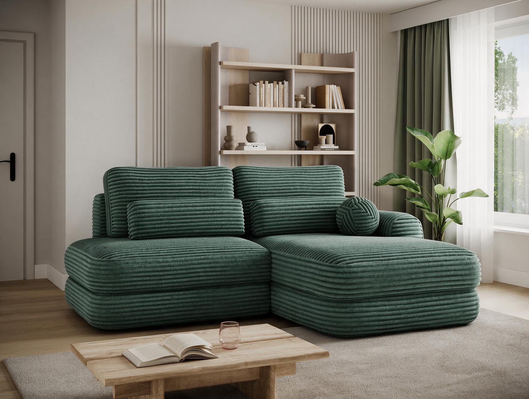 Canapé d'angle convertible design WAGRAM avec coffre de rangement - Velours côtelé épais vert - vue 6