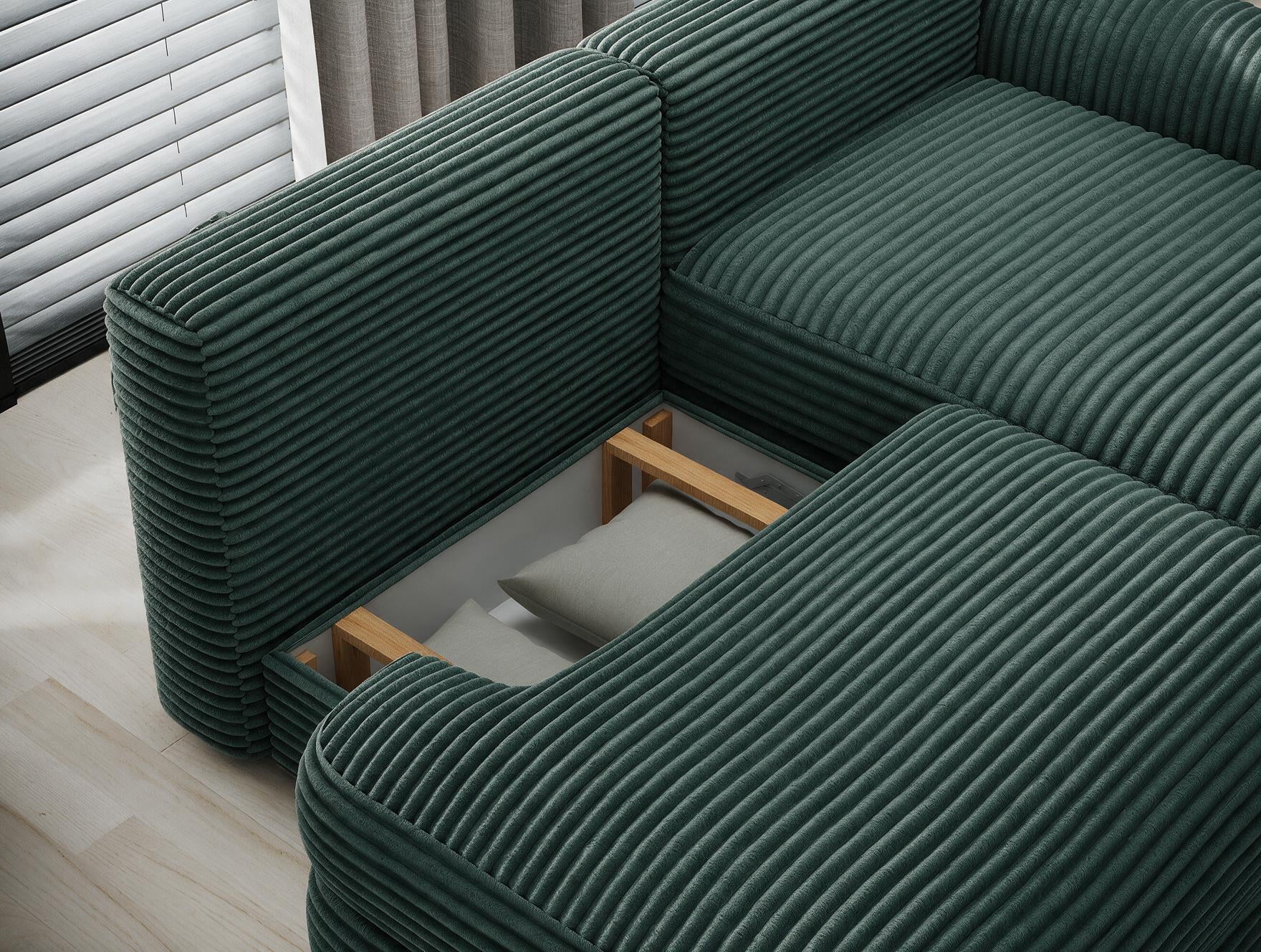 Canapé d'angle convertible design WAGRAM avec coffre de rangement - Velours côtelé épais vert - vue 9