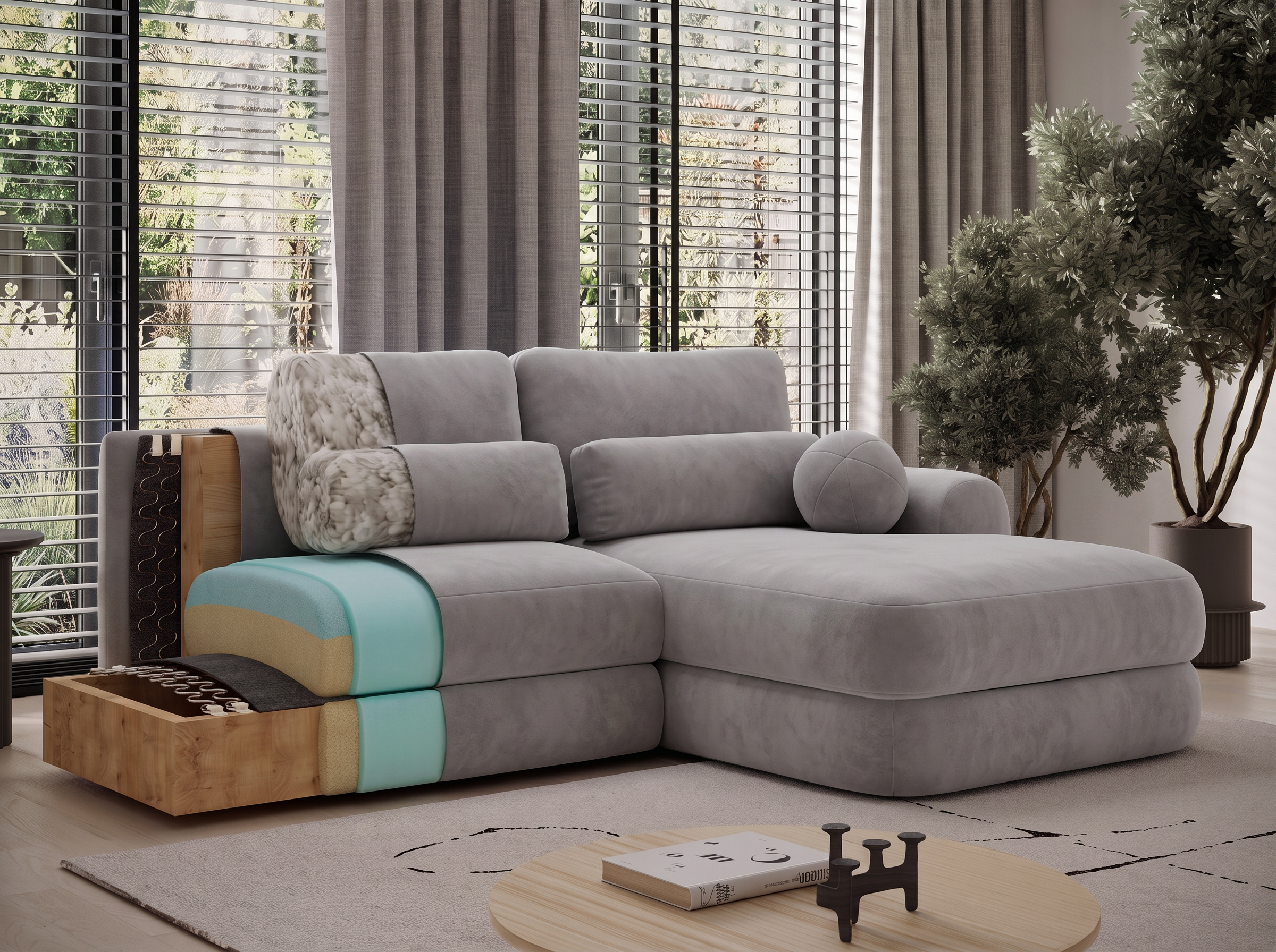 Canapé d'angle convertible design WAGRAM avec coffre de rangement - Velours gris clair - vue 10