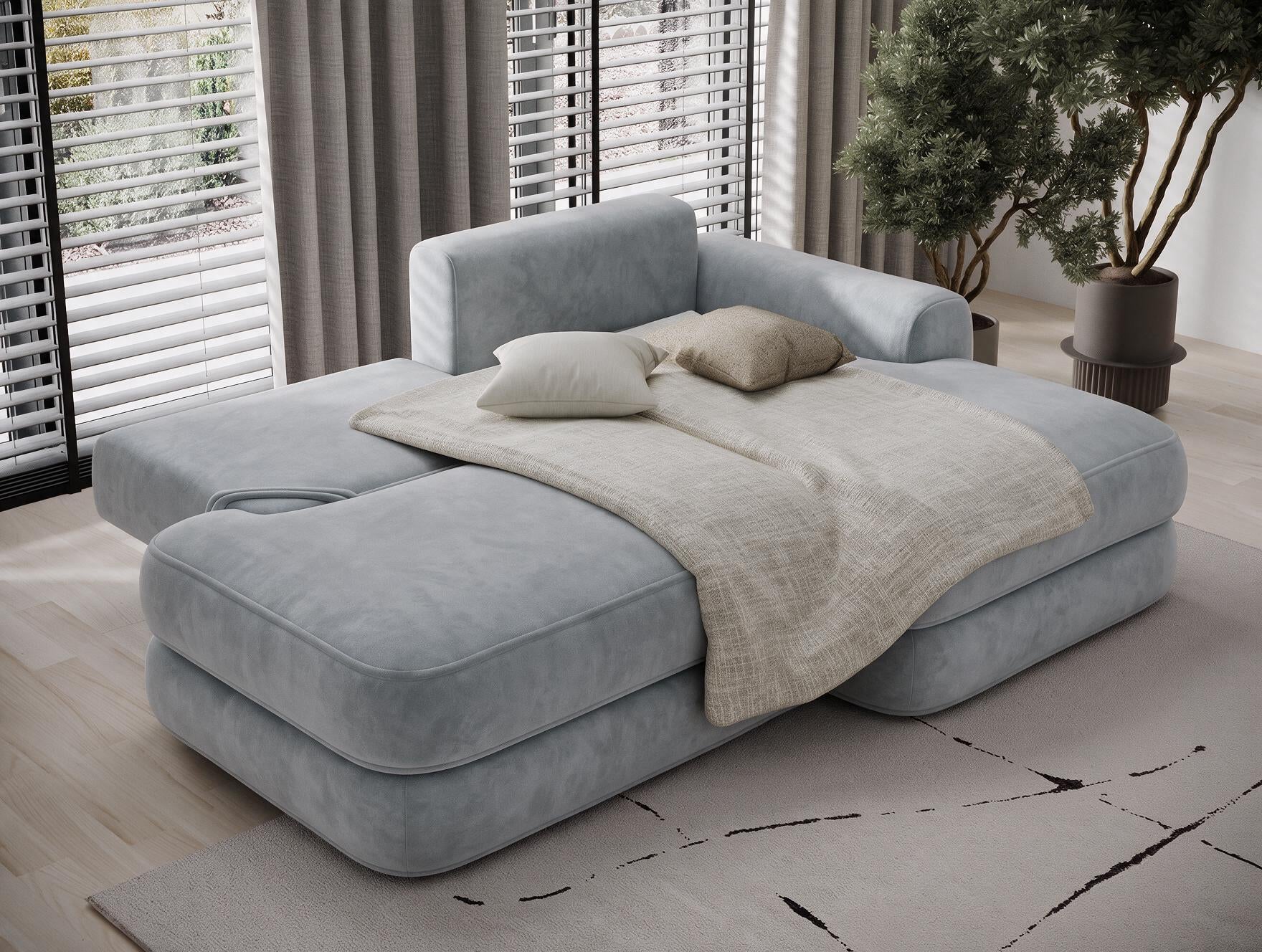 Canapé d'angle convertible design WAGRAM avec coffre de rangement - Velours gris clair - vue 2
