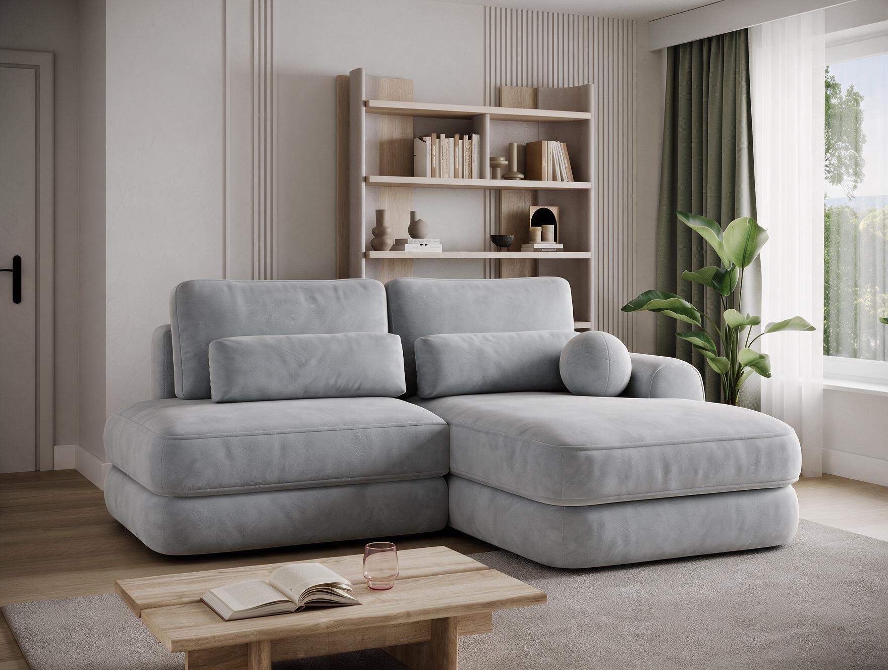 Canapé d'angle convertible design WAGRAM avec coffre de rangement - Velours gris clair - vue 6