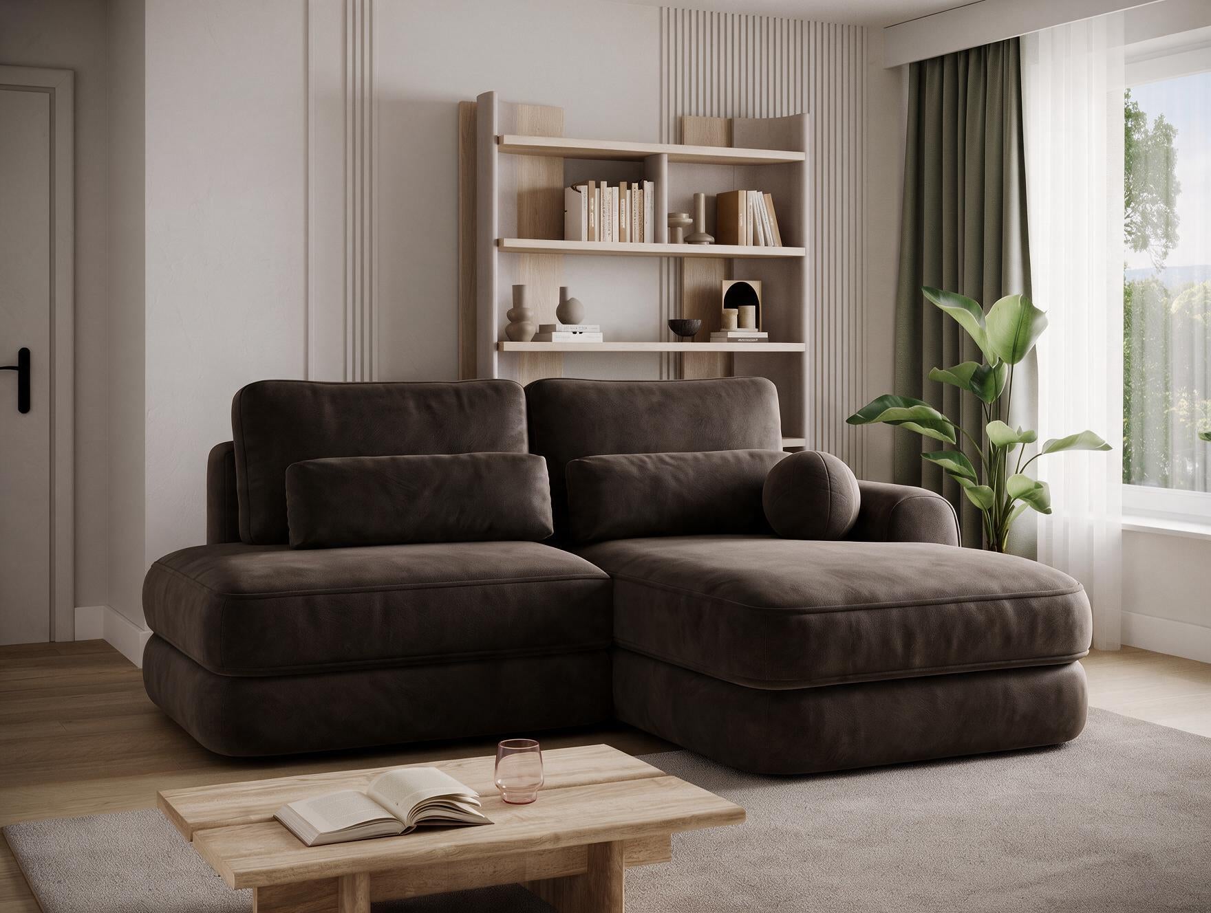 Canapé d'angle convertible design WAGRAM avec coffre de rangement - Velours marron foncé - vue 6