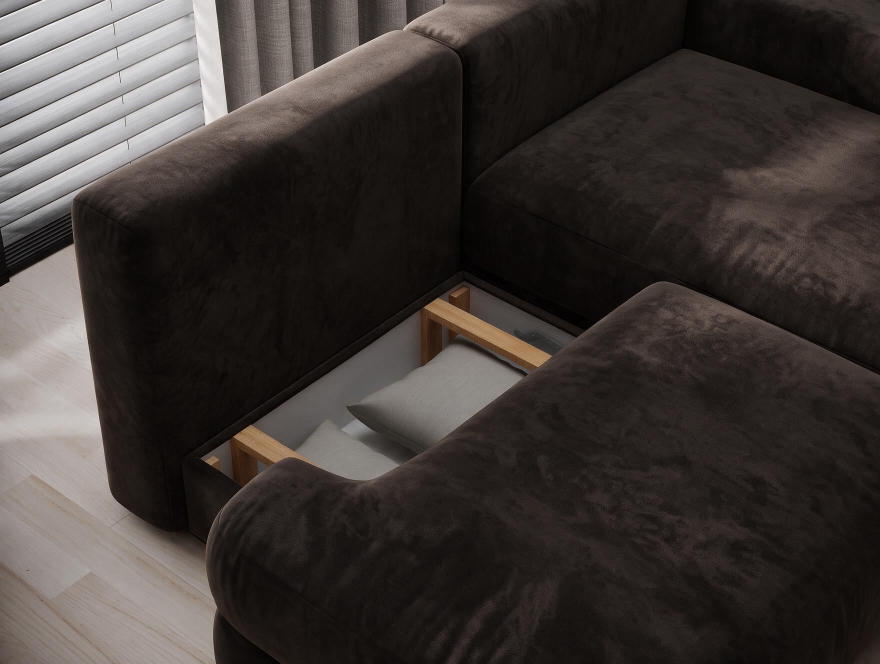 Canapé d'angle convertible design WAGRAM avec coffre de rangement - Velours marron foncé - vue 9