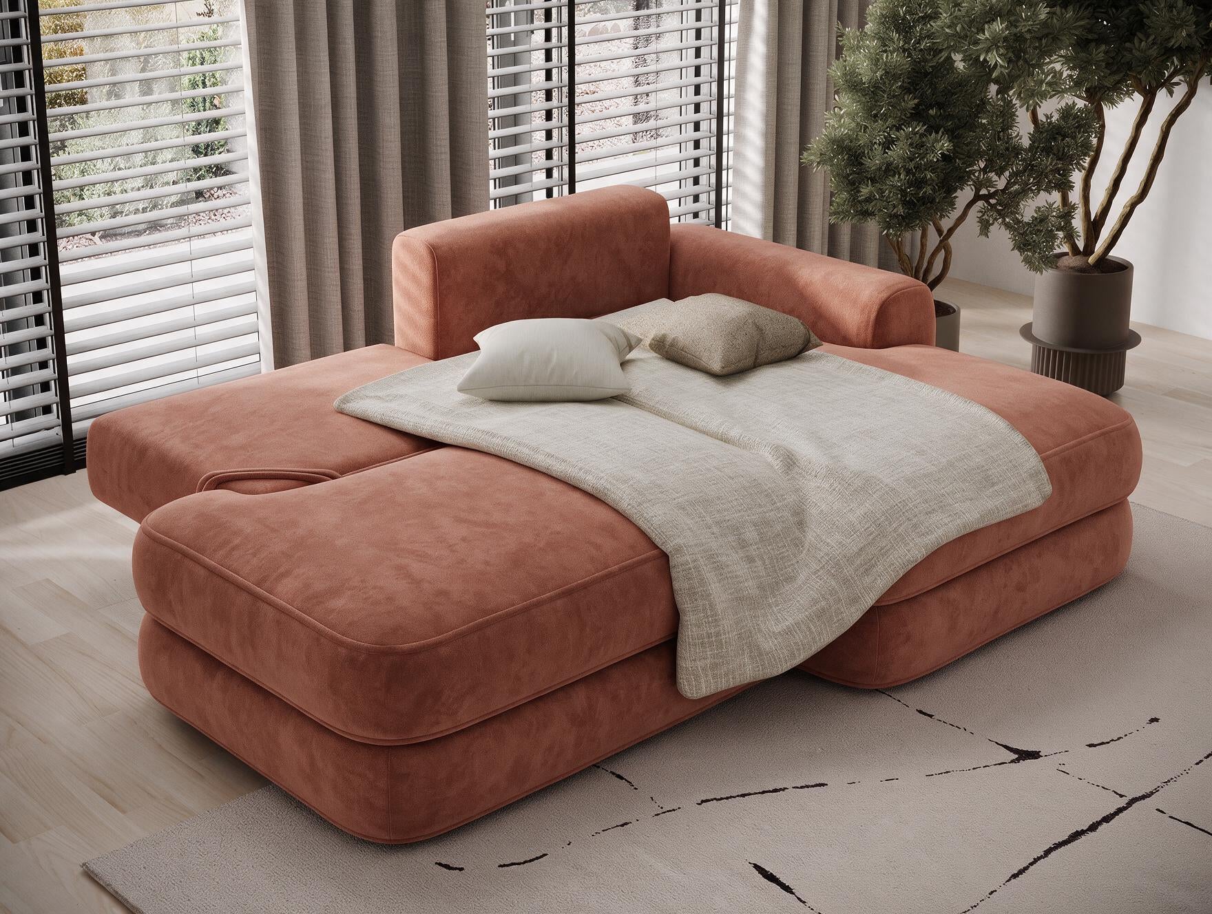 Canapé d'angle convertible design WAGRAM avec coffre de rangement - Velours terracotta - vue 2