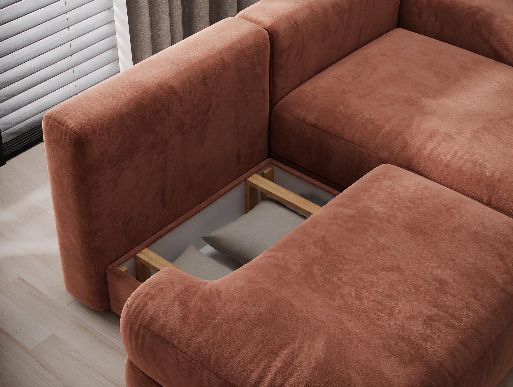 Canapé d'angle convertible design WAGRAM avec coffre de rangement - Velours terracotta - vue 9