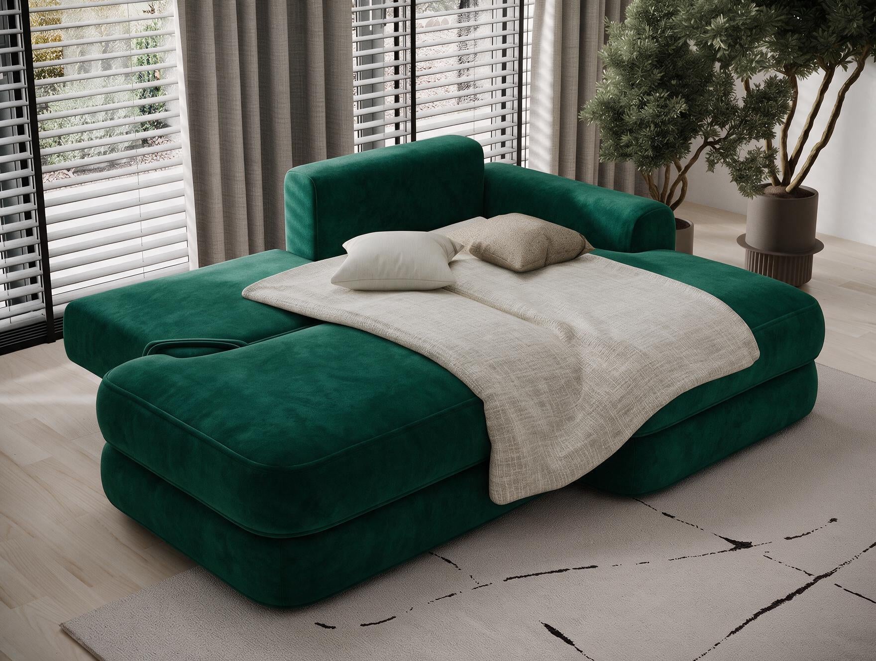 Canapé d'angle convertible design WAGRAM avec coffre de rangement - Velours vert sapin - vue 2