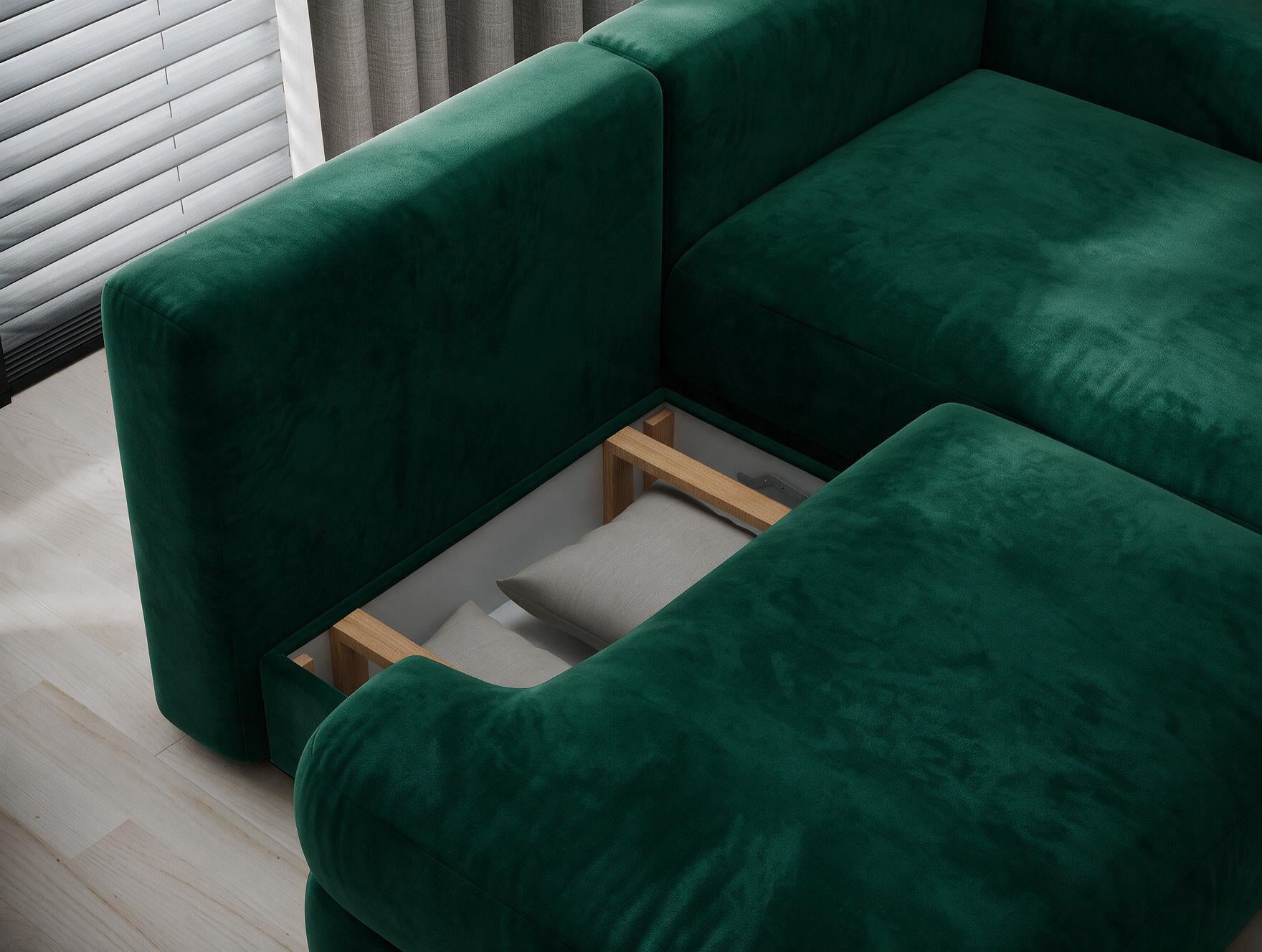 Canapé d'angle convertible design WAGRAM avec coffre de rangement - Velours vert sapin - vue 9