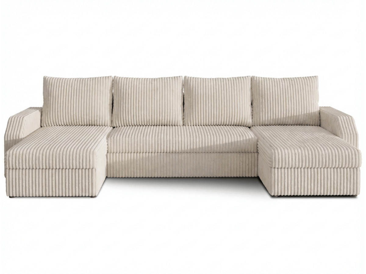 Canapé panoramique en U convertible VILLIERS 312 cm – Velours côtelé épais – Coffre de rangement