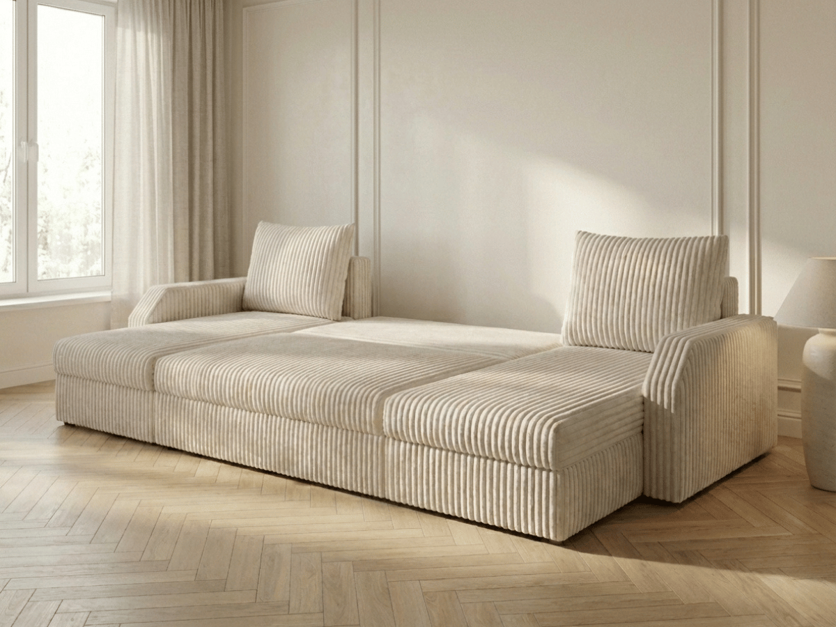 Canapé panoramique en U convertible VILLIERS 312 cm – Velours côtelé épais – Coffre de rangement