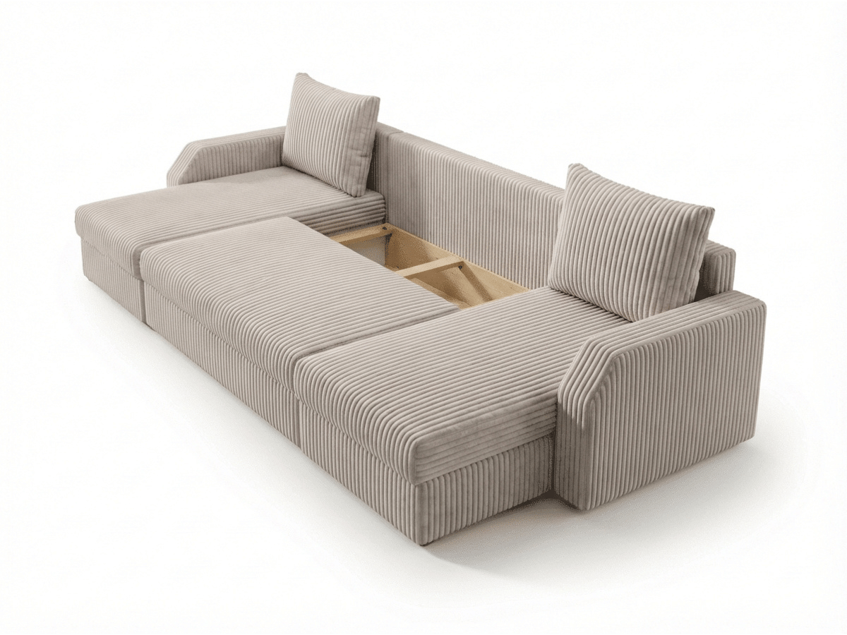 Canapé panoramique en U convertible VILLIERS 312 cm – Velours côtelé épais – Coffre de rangement