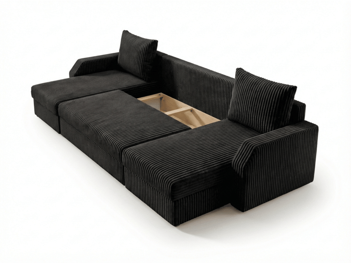 Canapé panoramique en U convertible VILLIERS 312 cm – Velours côtelé épais – Coffre de rangement