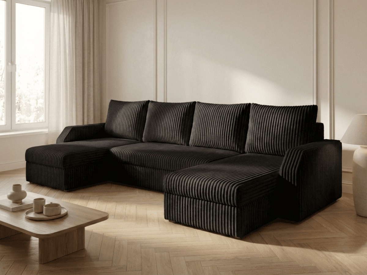 Canapé panoramique en U convertible VILLIERS 312 cm – Velours côtelé épais – Coffre de rangement