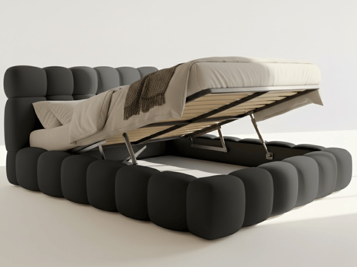 Lit coffre Denver en tissu bouclette – Lit design rembourré avec rangement