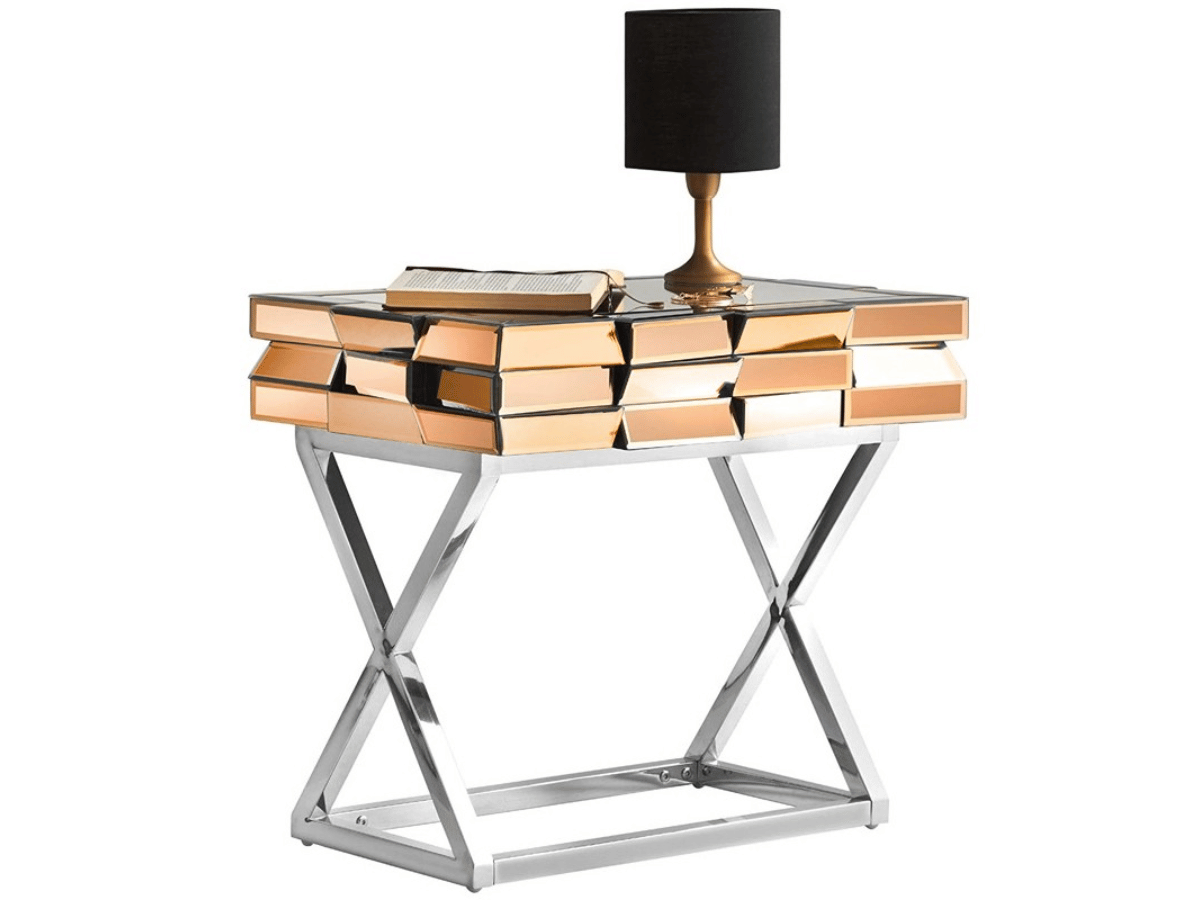 Mesita de noche LUXOR – Cristal y espejos dorados, base cromada