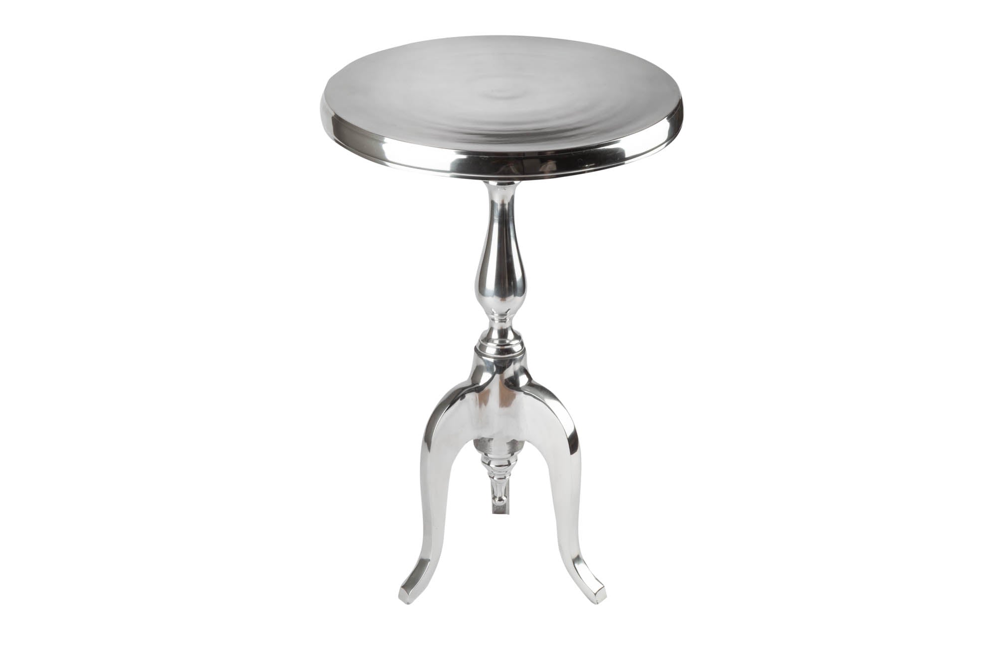 Elegante mesa auxiliar trípode SAVOY 55cm plata pulida con tapa redonda