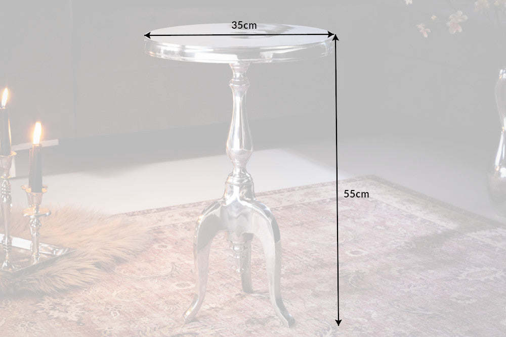 Elegante mesa auxiliar trípode SAVOY 55cm plata pulida con tapa redonda