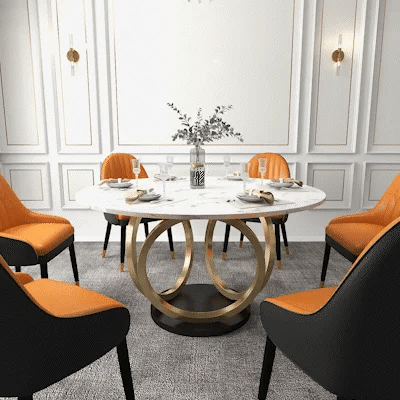 Table à manger ronde marbre blanc avec pied or