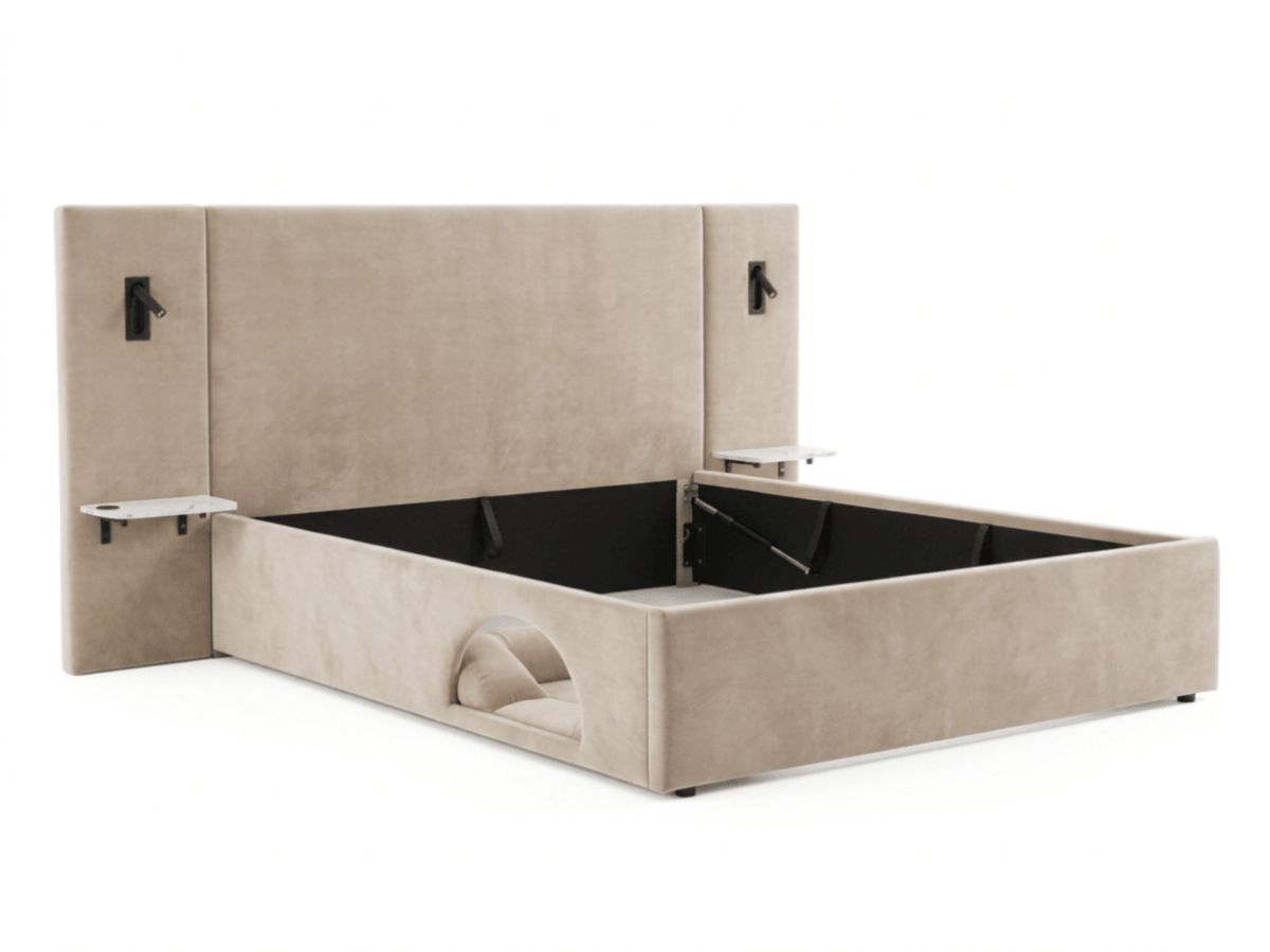 Lit Élysée – CosyPet Edition : tête de lit XXL, coffre, lumières, USB & tables de chevet incluses