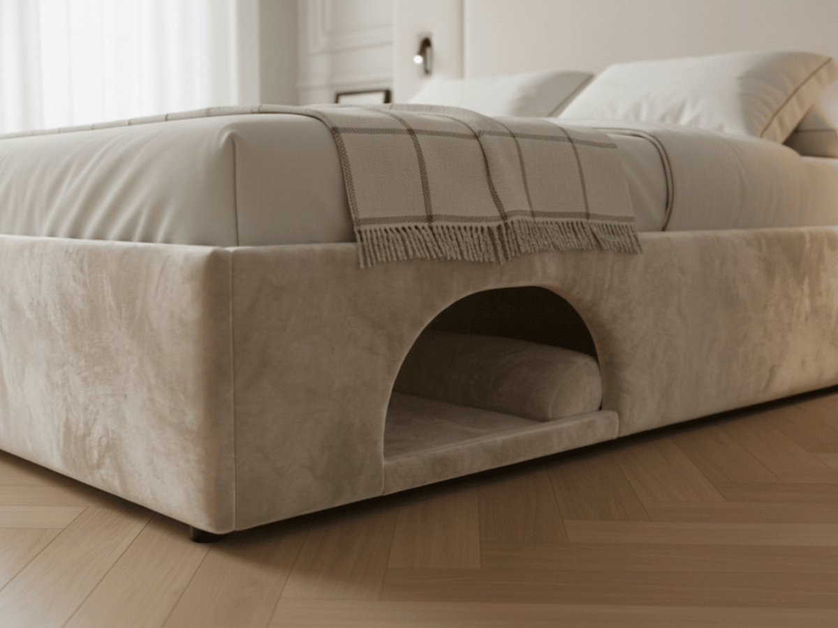 Lit Élysée – CosyPet Edition : tête de lit XXL, coffre, lumières, USB & tables de chevet incluses