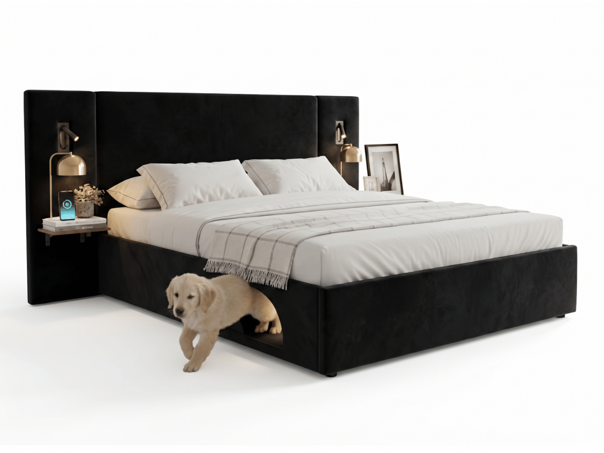 Lit Élysée – CosyPet Edition : tête de lit XXL, coffre, lumières, USB & tables de chevet incluses