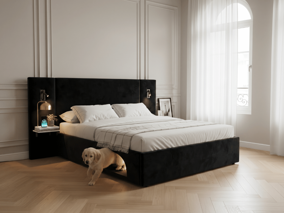 Lit Élysée – CosyPet Edition : tête de lit XXL, coffre, lumières, USB & tables de chevet incluses