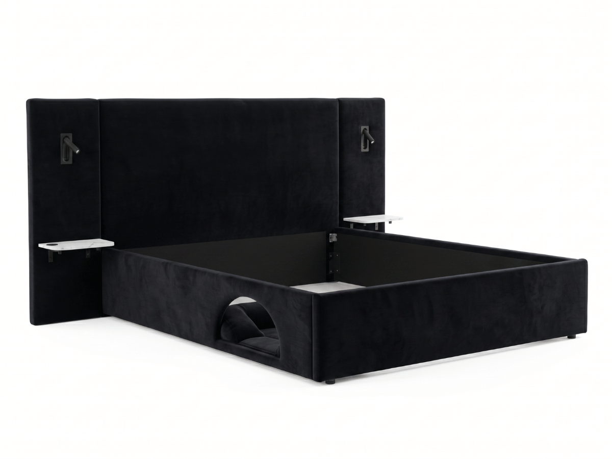 Lit Élysée – CosyPet Edition : tête de lit XXL, coffre, lumières, USB & tables de chevet incluses
