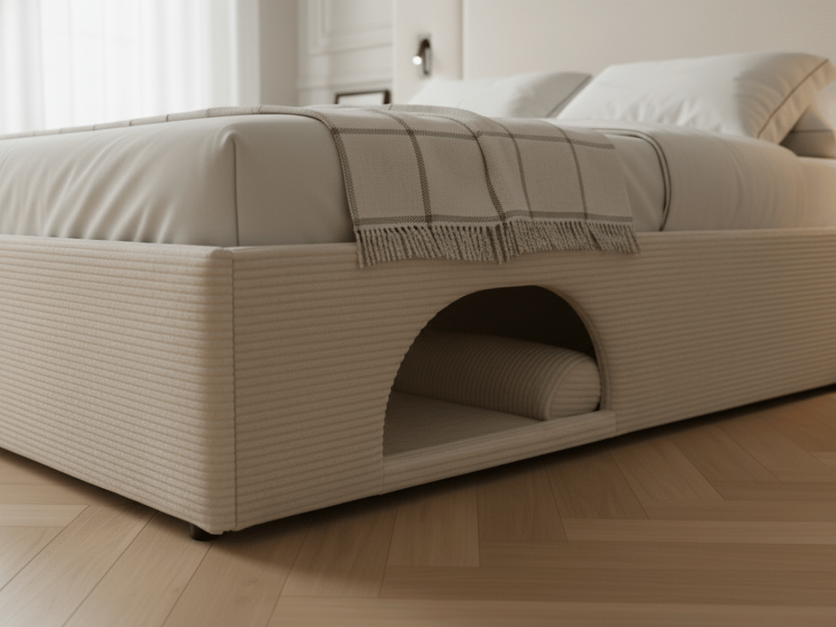 Lit Élysée – CosyPet Edition : tête de lit XXL, coffre, lumières, USB & tables de chevet incluses