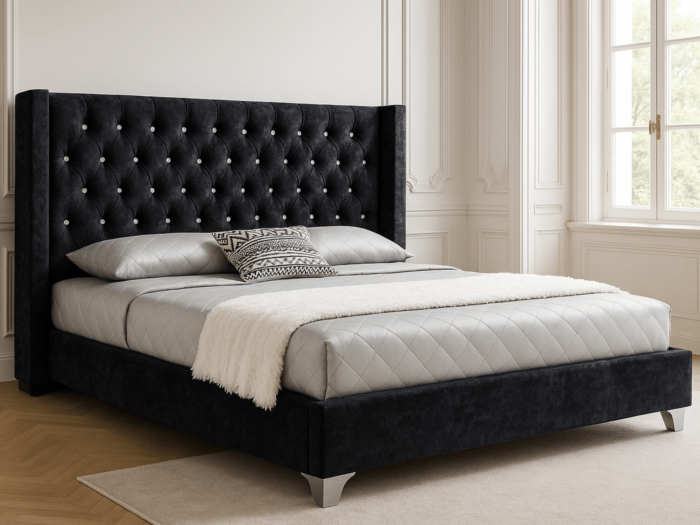 Cama Lillian de terciopelo acolchado con strass - Diseño elegante