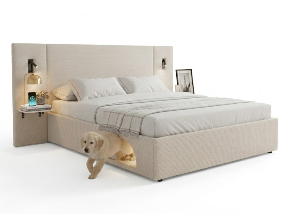 Lit Élysée – CosyPet Edition : tête de lit XXL, coffre, lumières, USB & tables de chevet incluses
