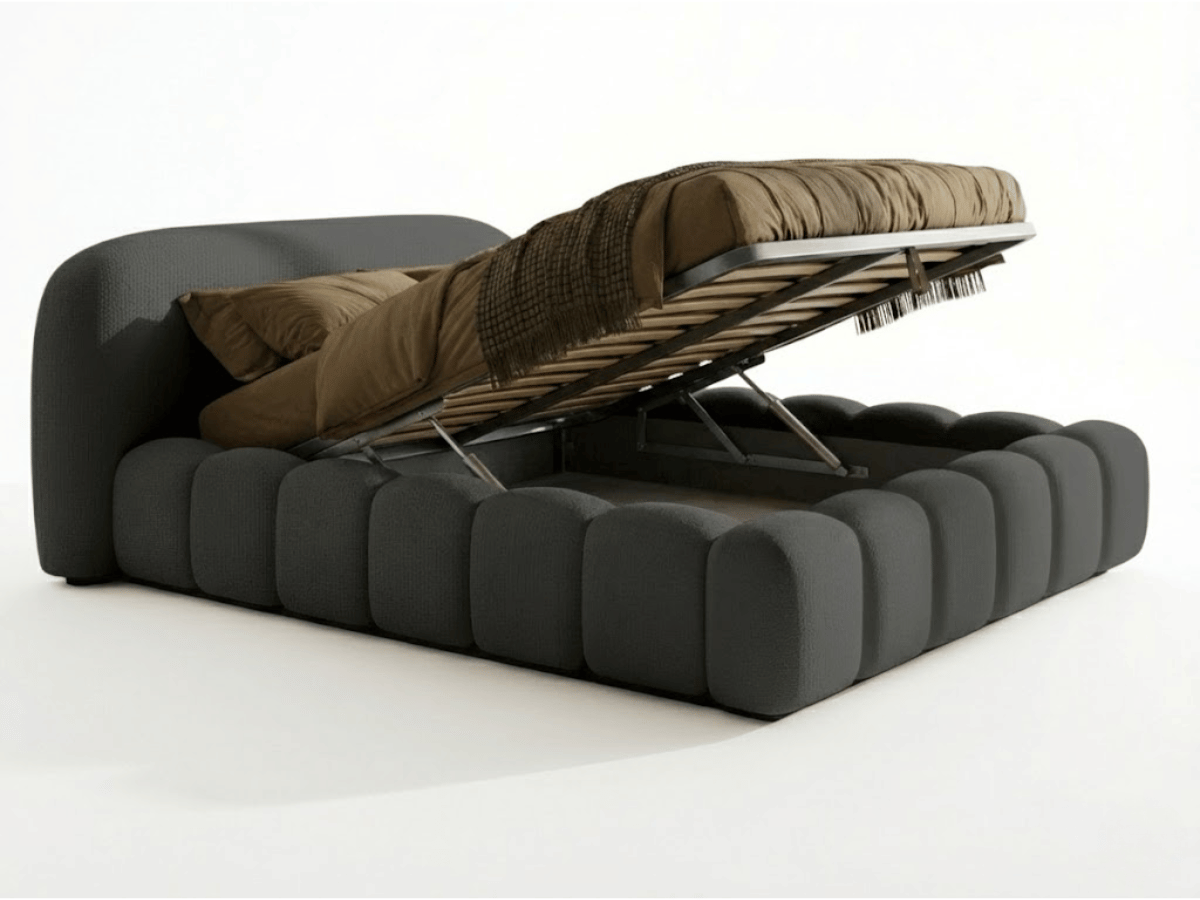 Lit coffre Orlando – Design arrondi ultra rembourré, sommier relevable
