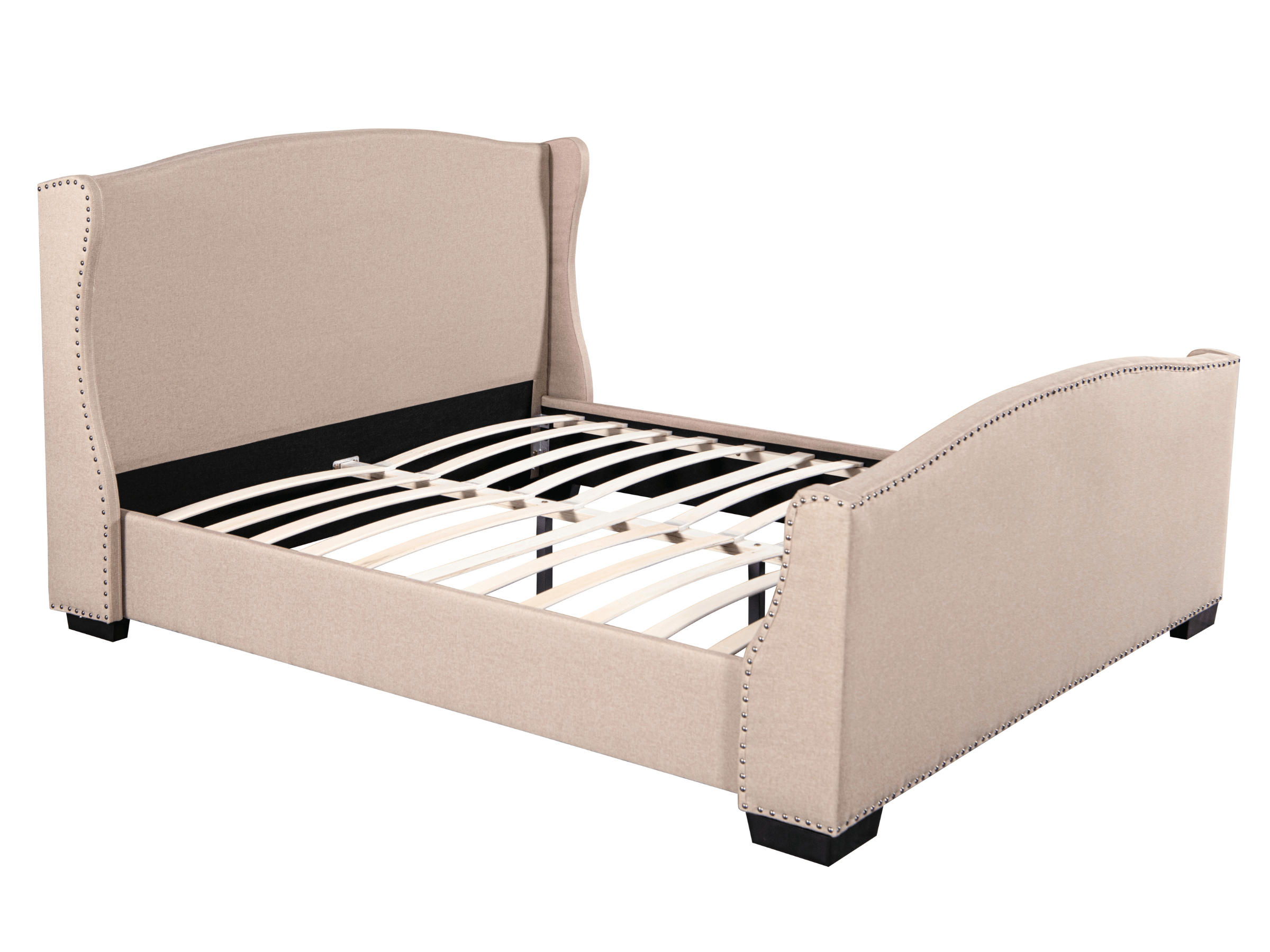 Cama tapizada Christelle en tejido gris con cabecero tachonado - Somier de láminas incluido