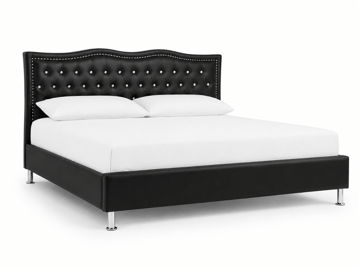 Lit capitonné Majestic en similicuir – tête de lit ondulée avec strass et clous décoratifs