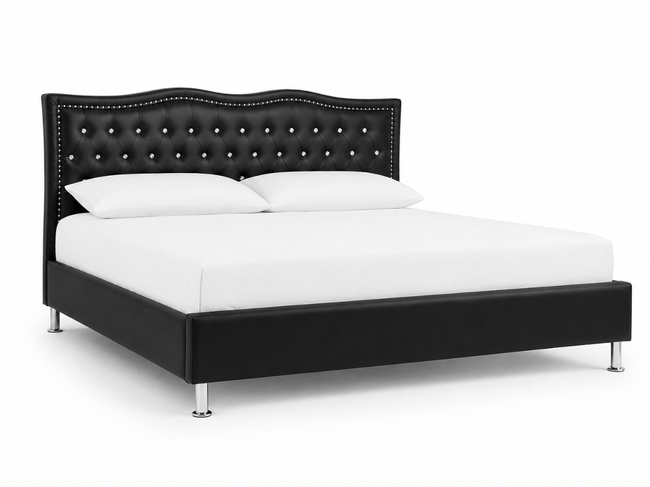 Lit capitonné Majestic en similicuir – tête de lit ondulée avec strass et clous décoratifs