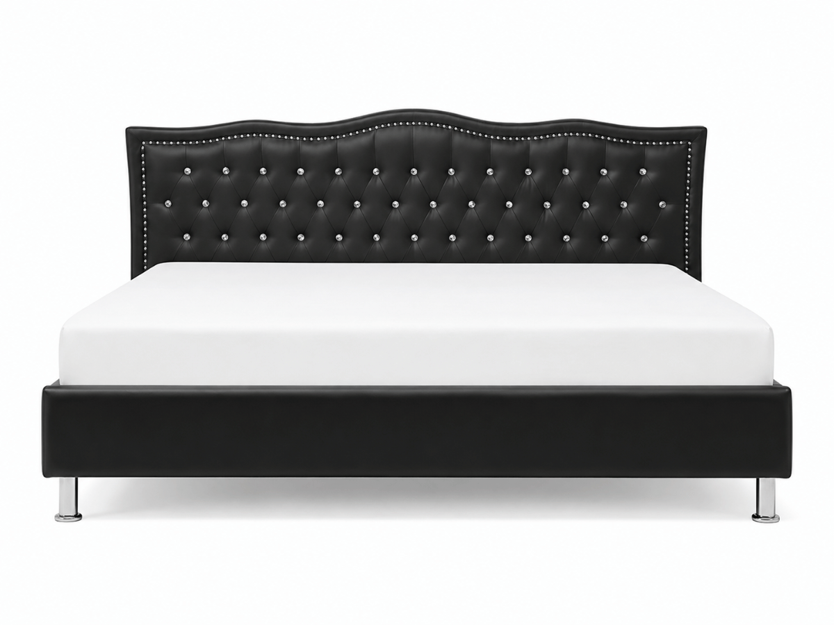 Lit capitonné Majestic en similicuir – tête de lit ondulée avec strass et clous décoratifs