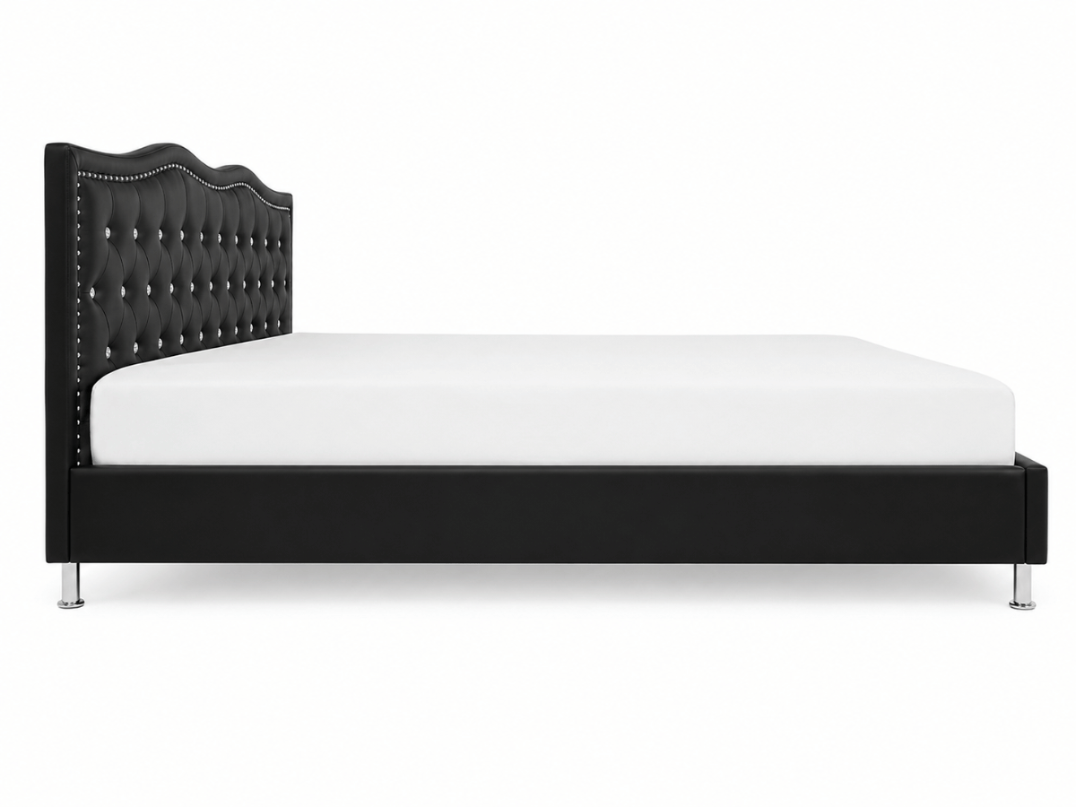 Lit capitonné Majestic en similicuir – tête de lit ondulée avec strass et clous décoratifs