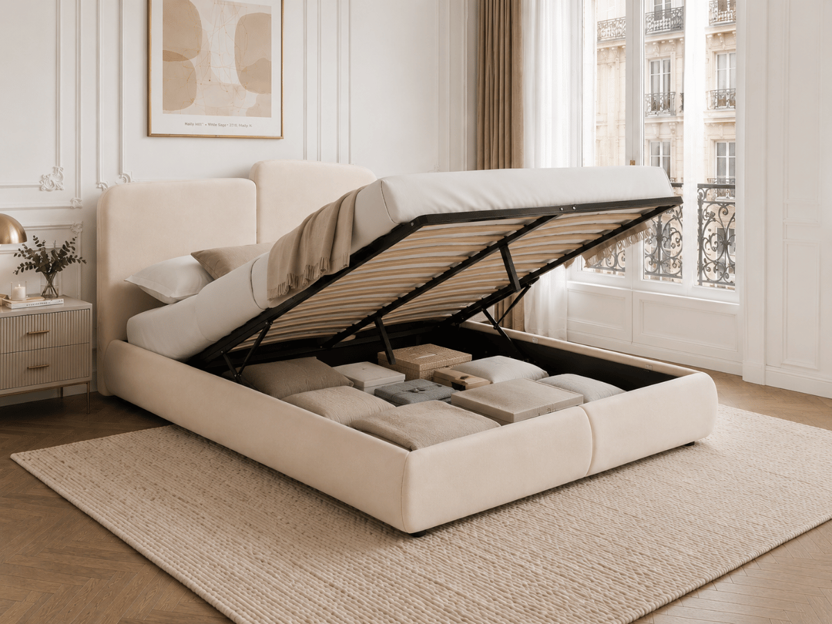 Lit coffre Romane – Tête de lit moderne asymétrique et grand rangement