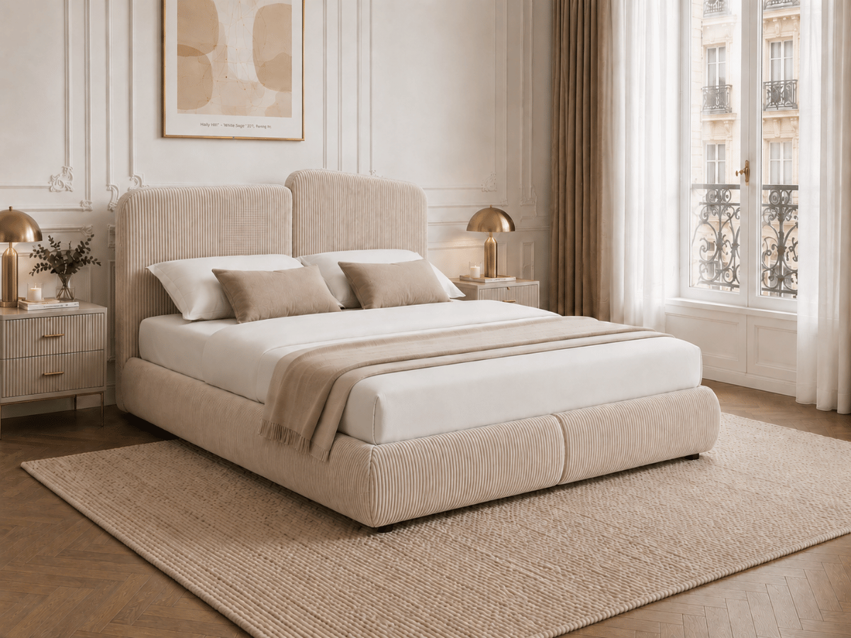 Lit coffre Romane – Tête de lit moderne asymétrique et grand rangement