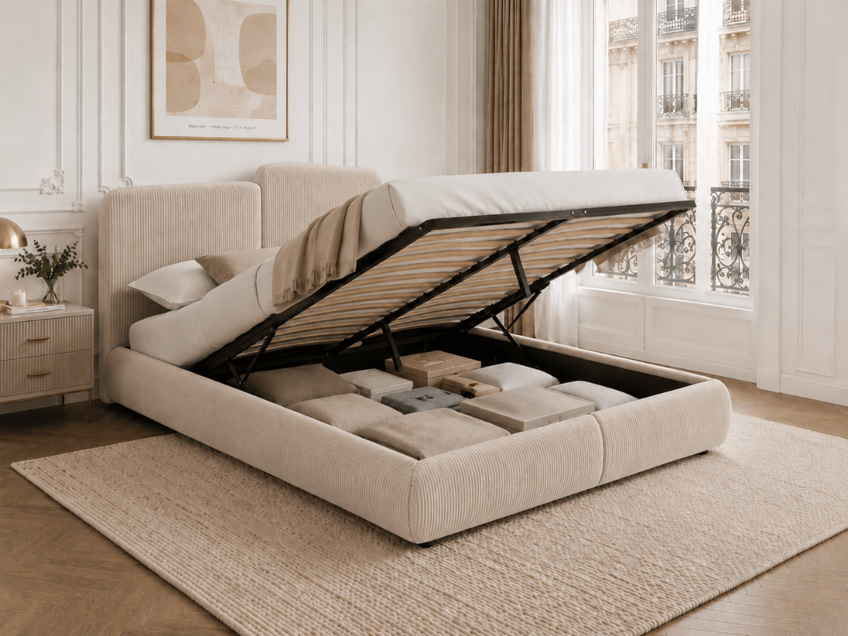 Lit coffre Romane – Tête de lit moderne asymétrique et grand rangement