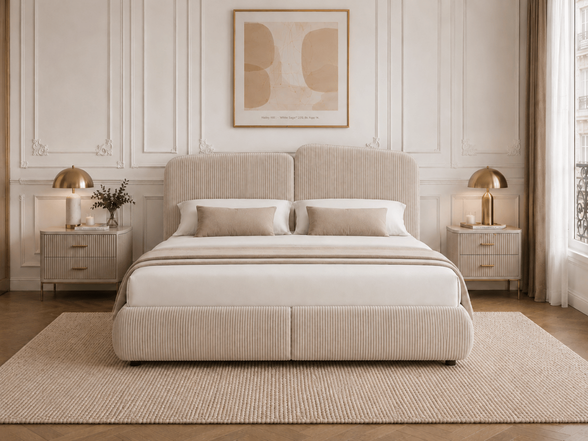 Lit coffre Romane – Tête de lit moderne asymétrique et grand rangement