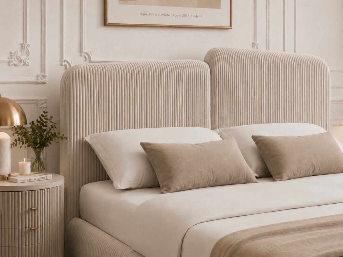Lit coffre Romane – Tête de lit moderne asymétrique et grand rangement