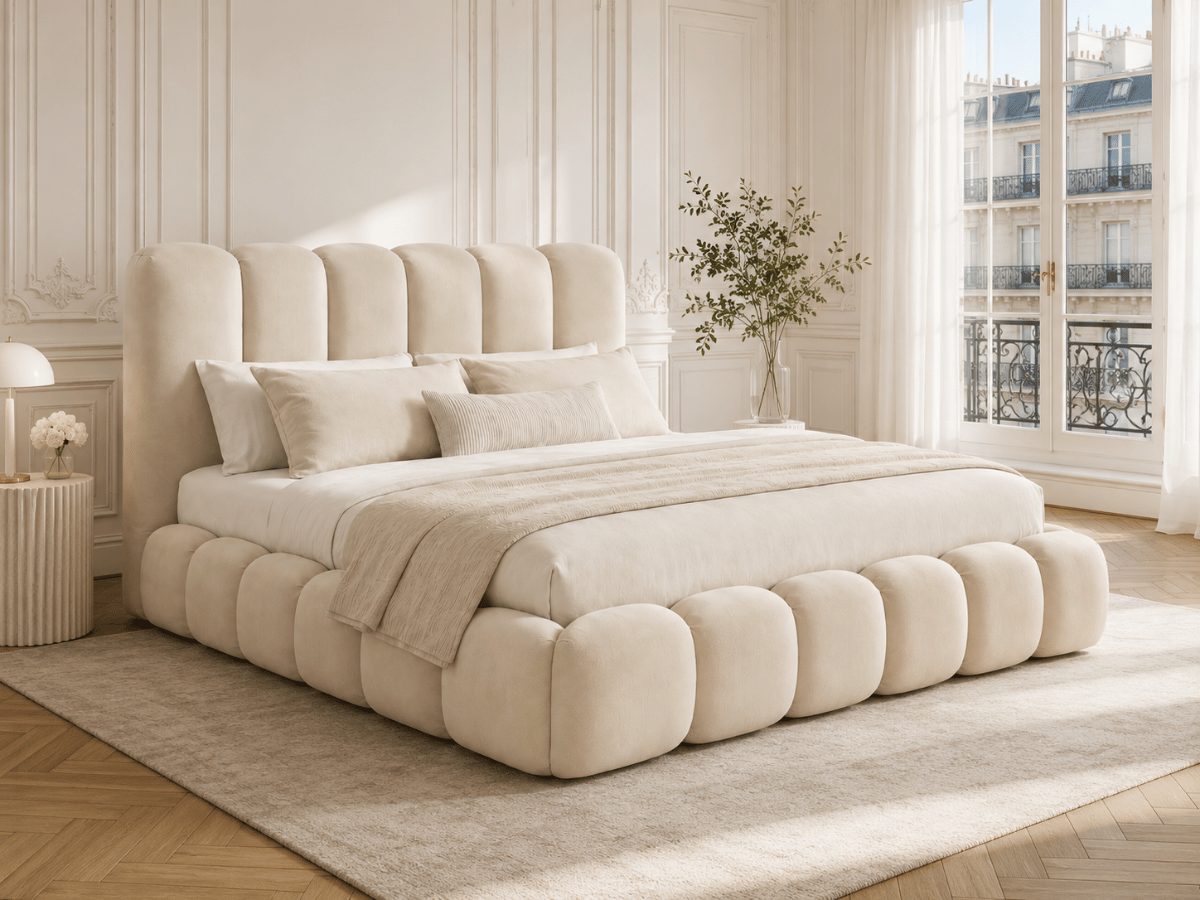 Lit coffre Romy – Design arrondi, tête de lit capitonnée & grand rangement